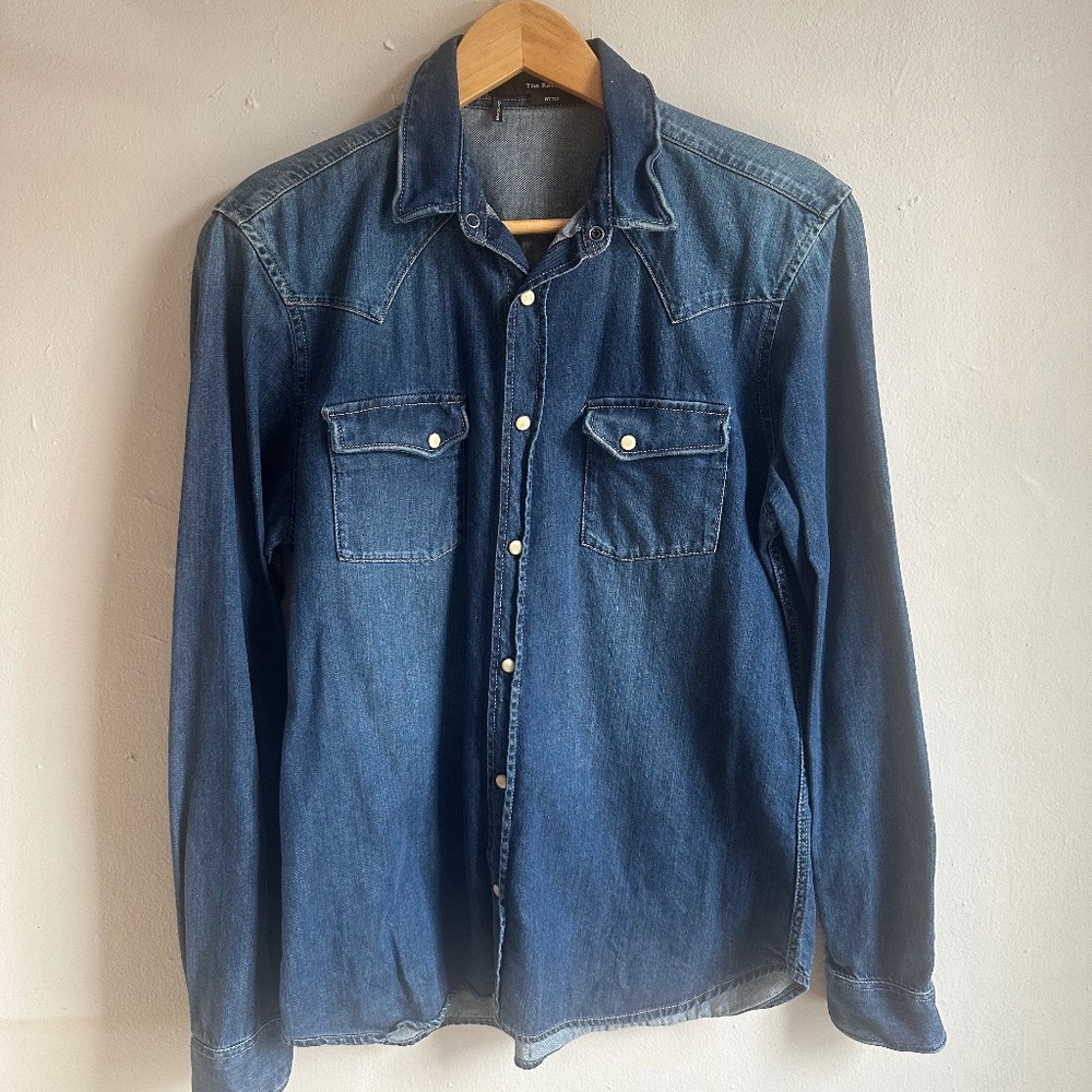 The Kooples- blue denim pearl-snap men's button up shirt-